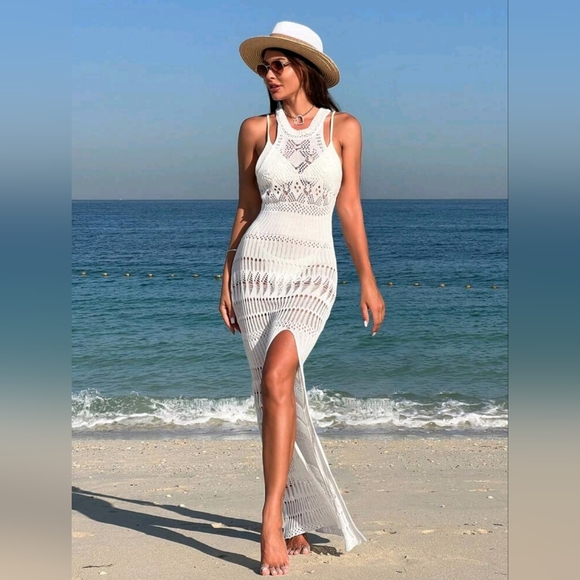 New Boho Crochet Knit Maxi Split Cover Up Dress White - Picture 3 of 8